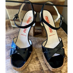 Miu Miu Black Patent Leather & Cork Heels, Vintage early 2000's VG!